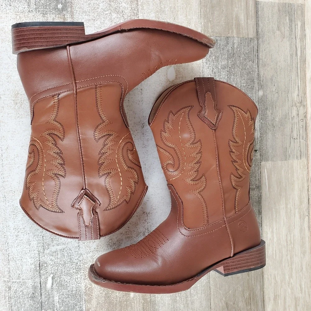 Roper Texson Kids Western Boots Sz 1 Texson Brown Leather Square Toe Ankle